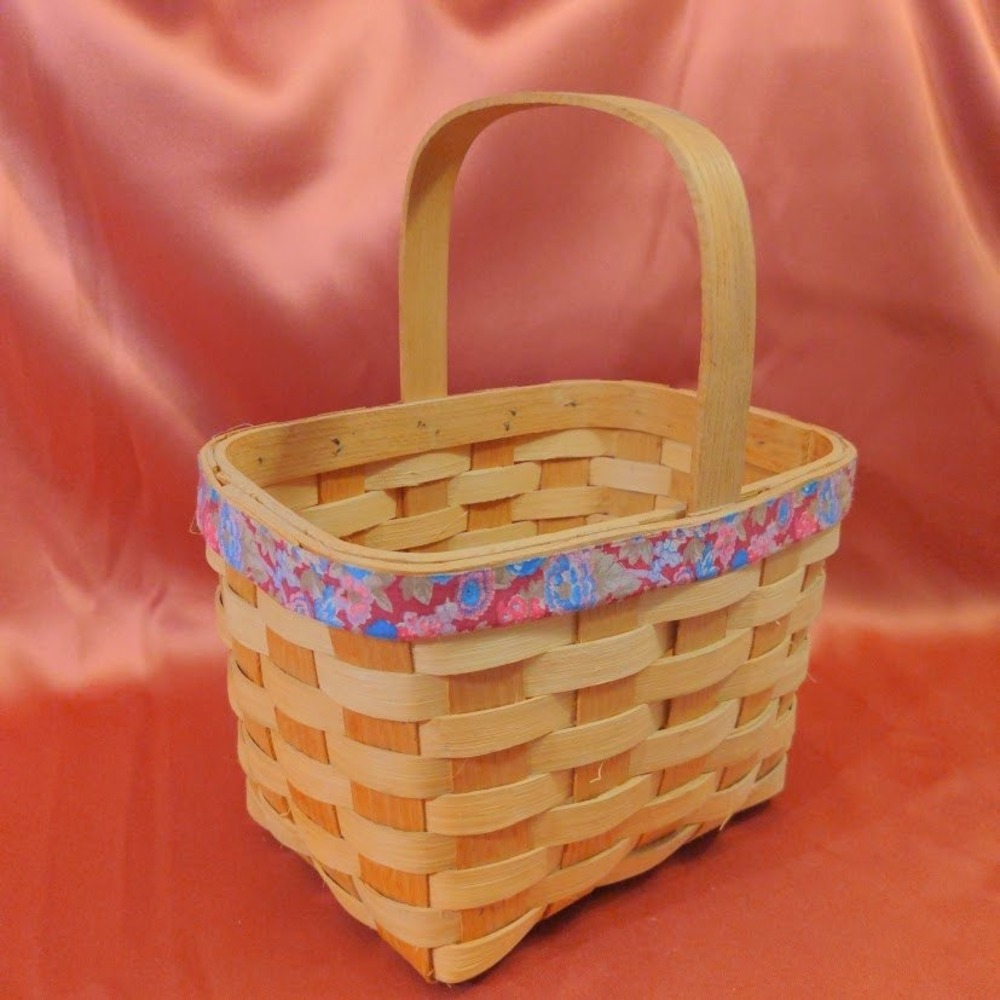 Vintage Woven Wood Splint Basket with Floral Fabric Trim and Fixed Handle